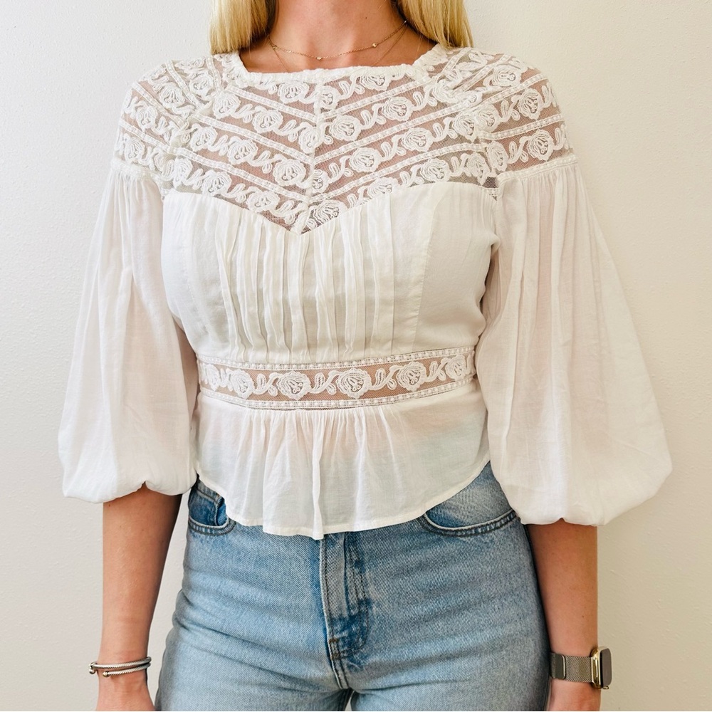 Free People romantic peasant boho blouse top embroidered lace mesh detailing - Picture 3 of 10